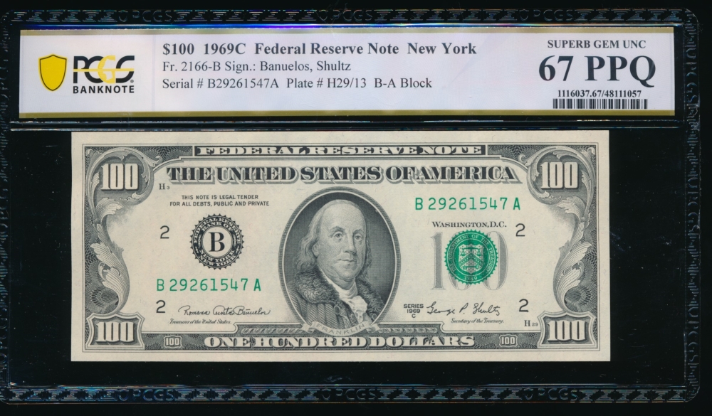 Fr. 2166-B 1969C $100  Federal Reserve Note New York PCGS 67PPQ B27261547A