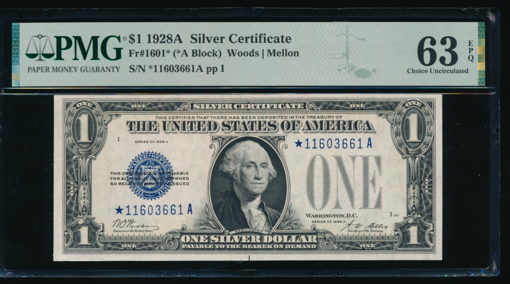 Fr. 1601 1928A $1  Silver Certificate *A block PMG 63EPQ *11603661A