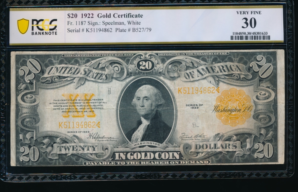 Fr. 1187 1922 $20  Gold Certificate  PCGS 30 K51194862