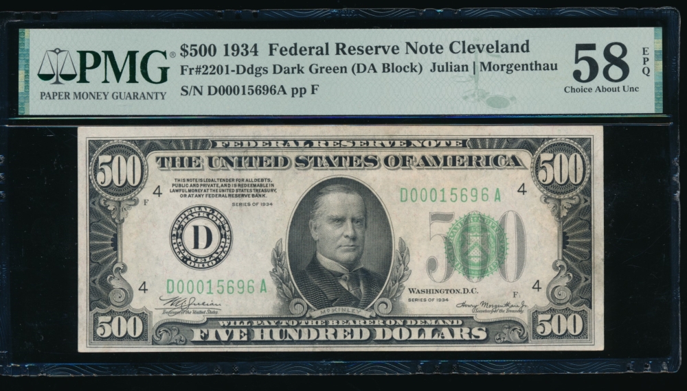 Fr. 2201-D 1934 $500  Federal Reserve Note Cleveland PMG 58EPQ D00015696A