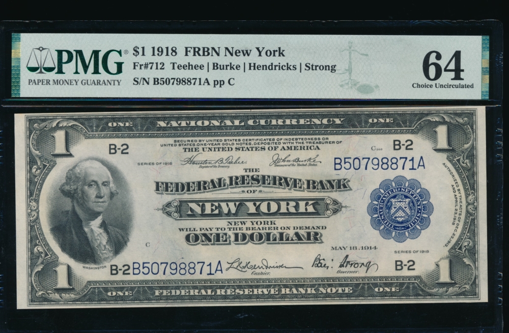 Fr. 712 1918 $1  FRBN New York PMG 64 B50798871A