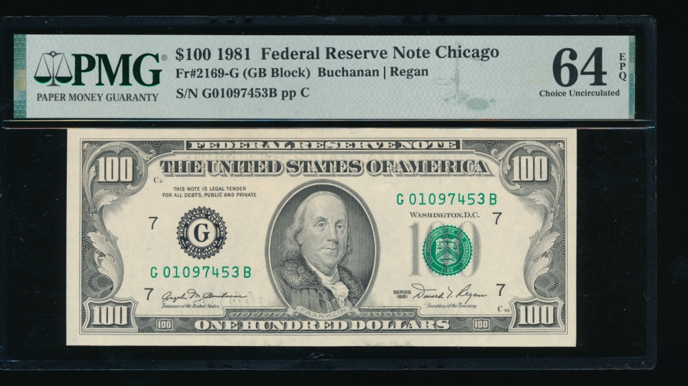 Fr. 2169-G 1981 $100  Federal Reserve Note Chicago PMG 64EPQ G01097453B