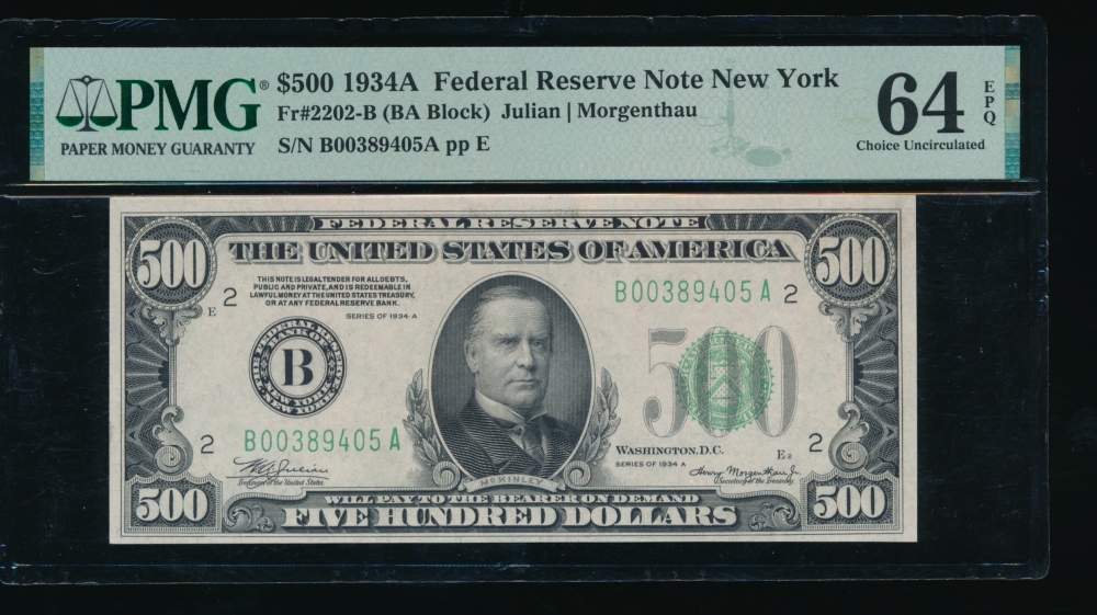 Fr. 2202-B 1934A $500  Federal Reserve Note New York PMG 64EPQ B00389405A