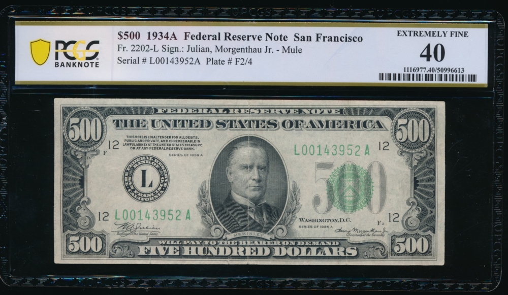 Fr. 2202-L 1934A $500  Federal Reserve Note San Francisco PCGS 40 L00143952A