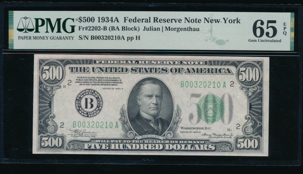 Fr. 2202-B 1934A $500  Federal Reserve Note New York PMG 65EPQ B00320210A