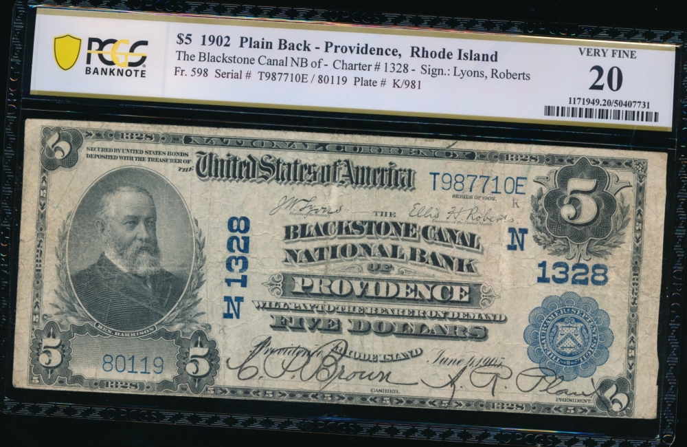 Fr. 598 1902 $5  National: Plain Back Ch #1328 The Blackstone Canal National Bank of Prividence, Rhode Island PCGS 20 80119