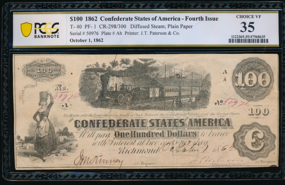 Fr. T-40 1862 $100  Confederate  PCGS 35 50976