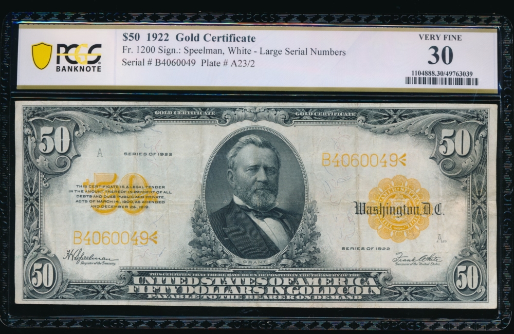 Fr. 1200 1922 $50  Gold Certificate  PCGS 30 B4060049