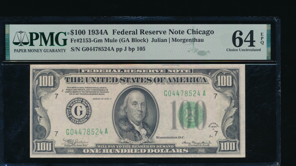 Fr. 2153-G 1934A $100  Federal Reserve Note Chicago mule PMG 64EPQ G04478524A