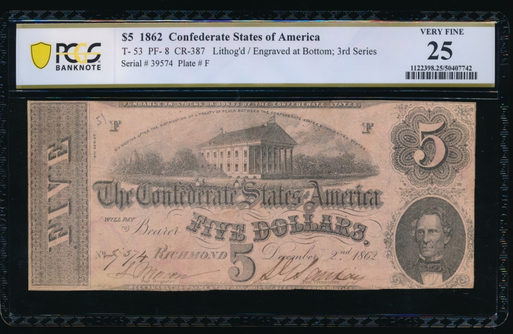 Fr. T-53 1862 $5  Confederate  PCGS 25 comment 37574