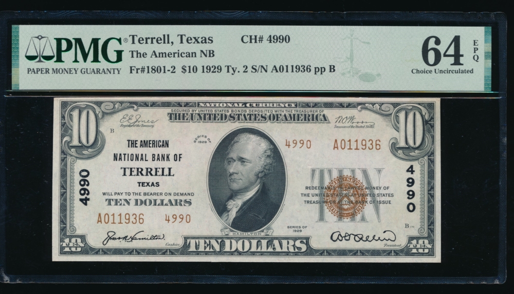 Fr. 1801-2 1929 $10  National: Type II Ch #4990 The American National Bank of Terrell, Texas PMG 64EPQ A011936