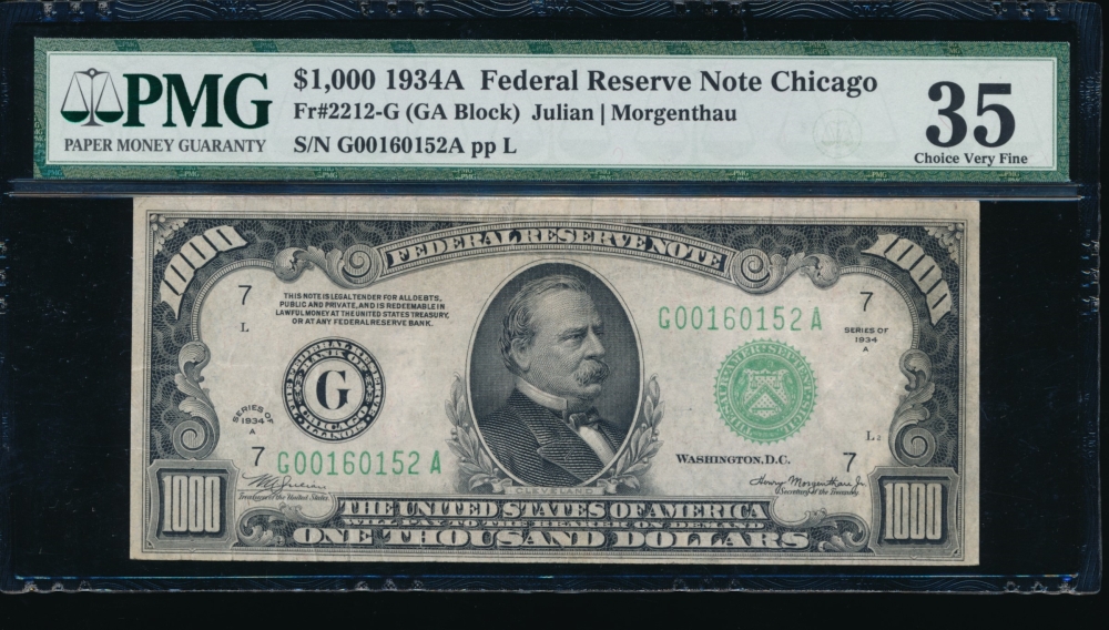 Fr. 2212-G 1934A $1,000  Federal Reserve Note Chicago PMG 35 G00160152A