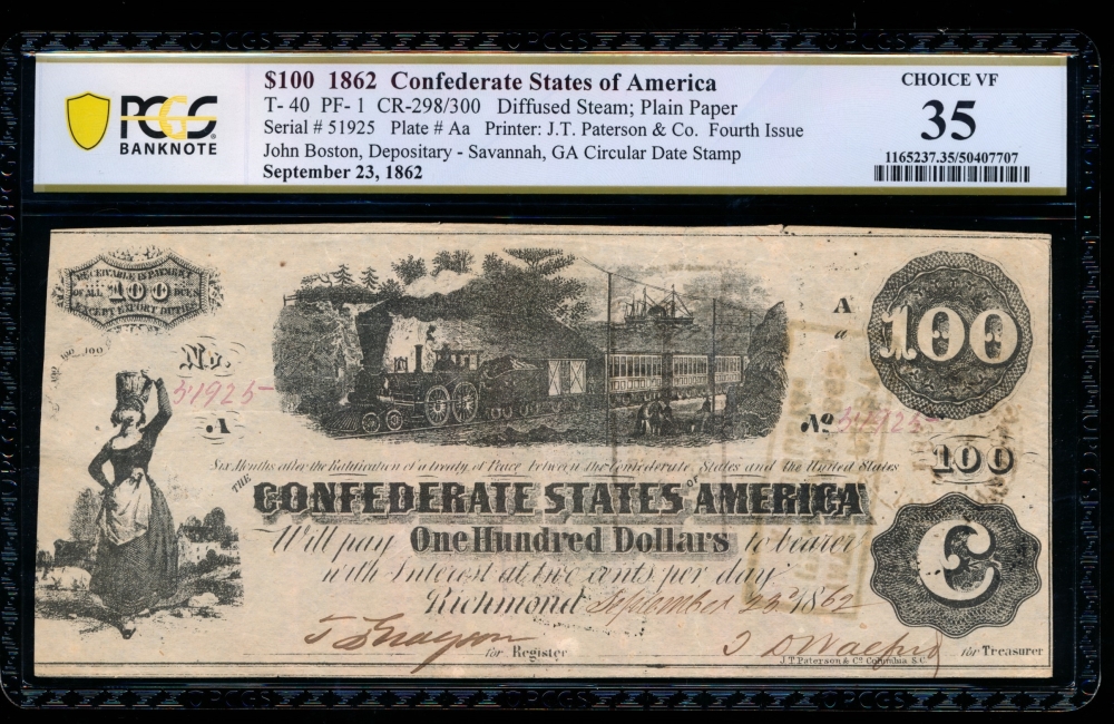 Fr. T-40 1862 $100  Confederate  PCGS 35 comment 14026