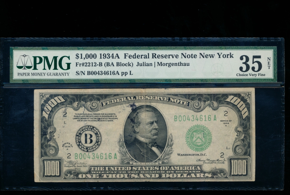 Fr. 2212-B 1934A $1,000  Federal Reserve Note  PMG 35NET B00434616A