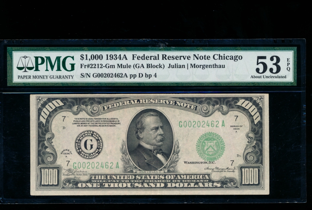 Fr. 2212-G 1934A $1,000  Federal Reserve Note Chicago PMG 53EPQ G00202462A