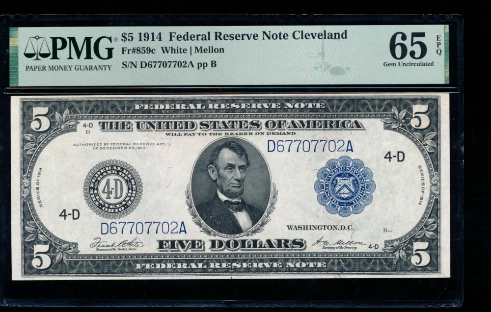 Fr. 859c 1914 $5  Federal Reserve Note Cleveland PMG 65EPQ D6770702A