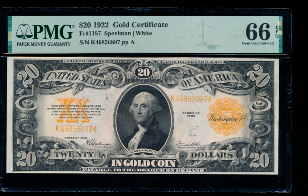 Fr. 1187 1922 $20  Gold Certificate  PMG 66EPQ K46856897