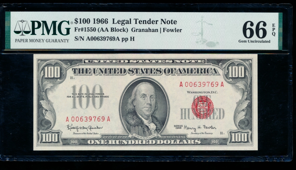 Fr. 1550 1966 $100  Legal Tender AA block PMG 66EPQ A00639769A