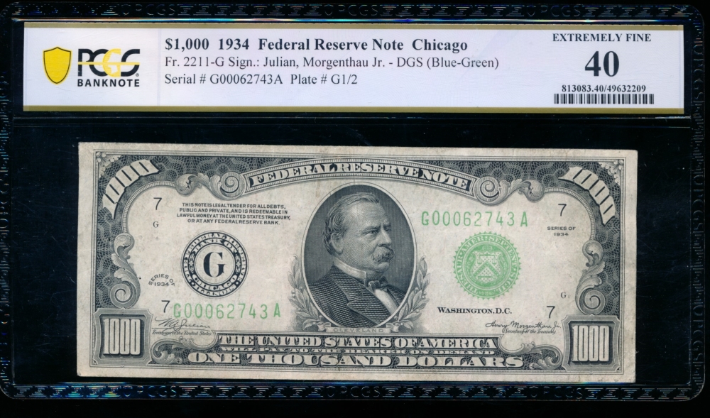 Fr. 2211-G 1934 $1,000  Federal Reserve Note Chicago PCGS 40 comment G00062743A