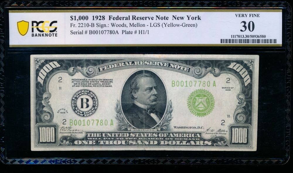 Fr. 2210-B 1928 $1,000  Federal Reserve Note New York LGS PCGS 30 B00107780A