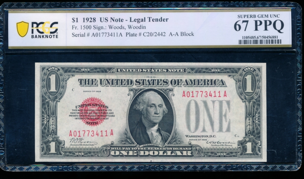 Fr. 1500 1928 $1  Legal Tender  PCGS 67PPQ A01773411A