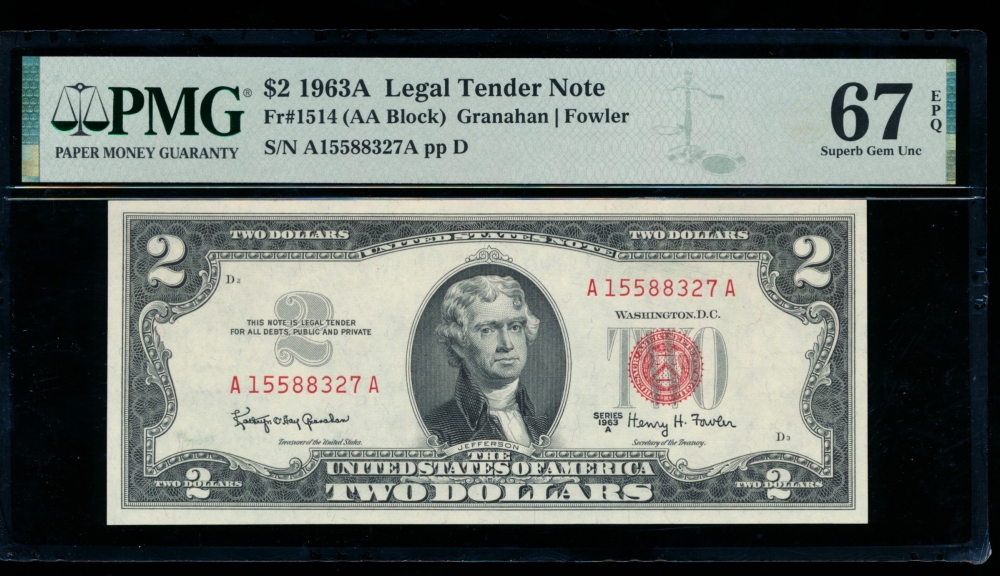 Fr. 1514 1963A $2  Legal Tender AA block PMG 67EPQ A15588327A