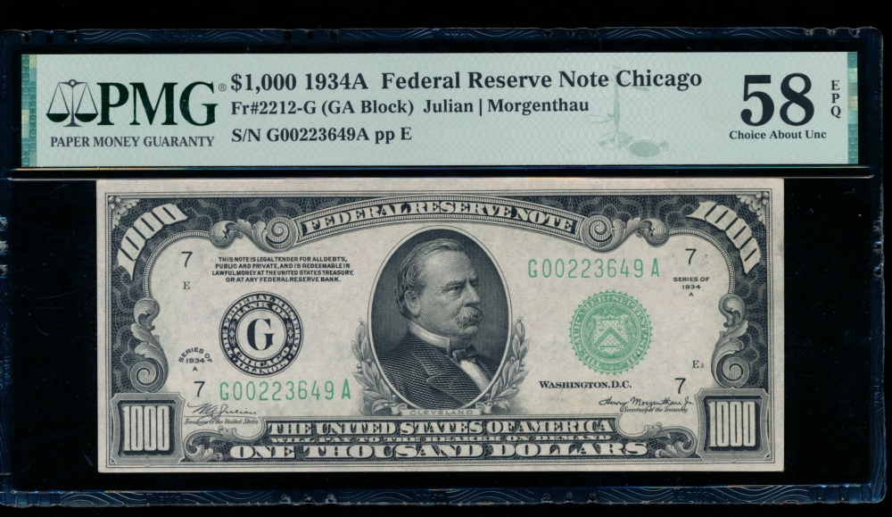 Fr. 2212-G 1934A $1,000  Federal Reserve Note Chicago PMG 58EPQ G00223649A