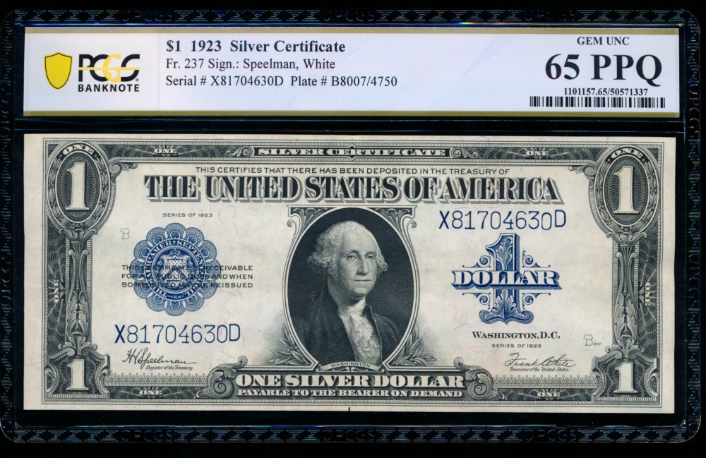 Fr. 237 1923 $1  Silver Certificate XD block PCGS 65PPQ X81704630D