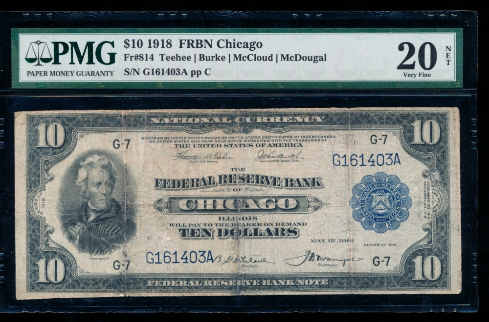 Fr. 814 1918 $10  FRBN Chicago PMG 20NET G161403A