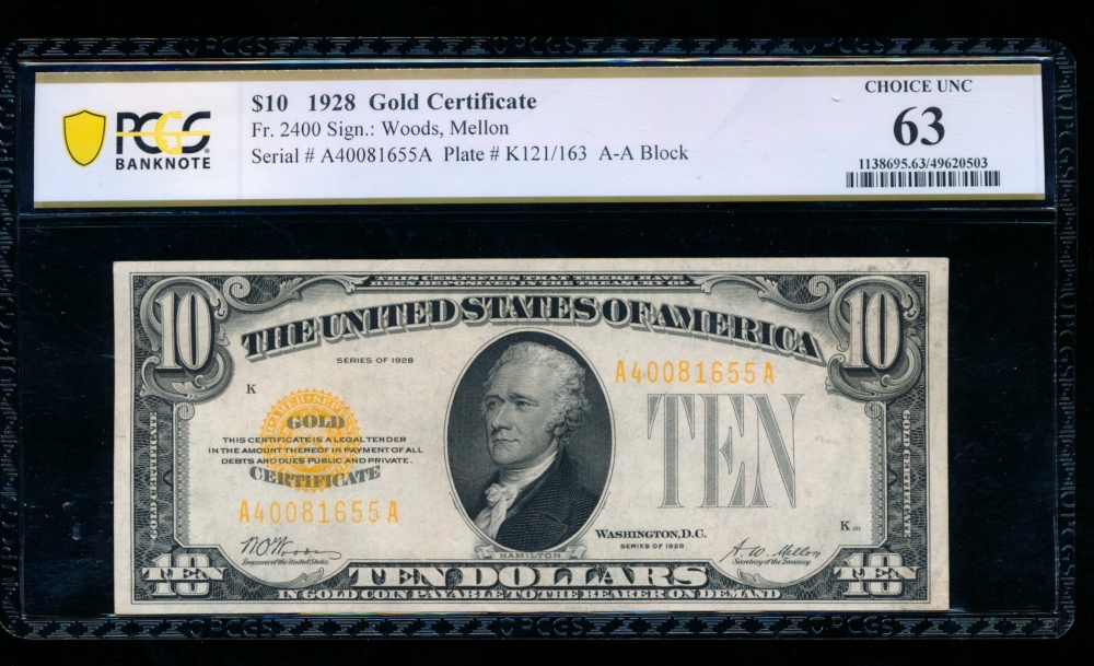 Fr. 2400 1928 $10  Gold Certificate  PCGS 63 A40081655A