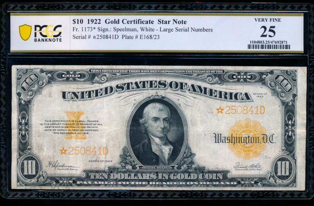 Fr. 1173 1922 $10  Gold Certificate star PCGS 25 *250841D