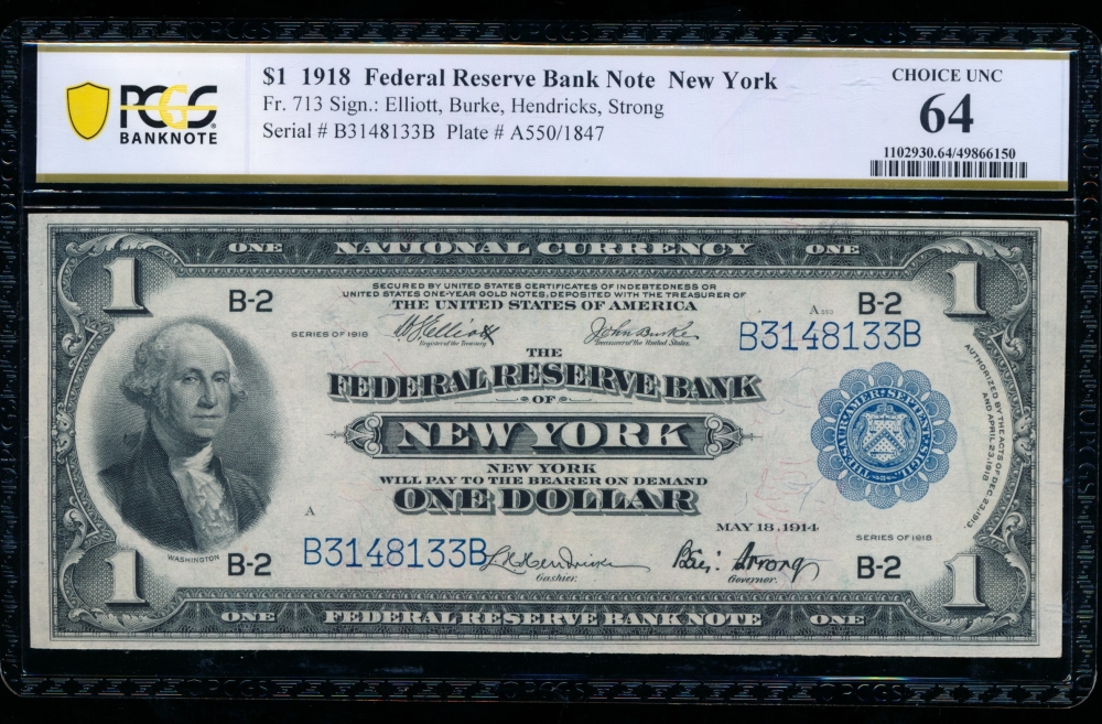 Fr. 713 1918 $1  FRBN New York PCGS 64 B3148133B