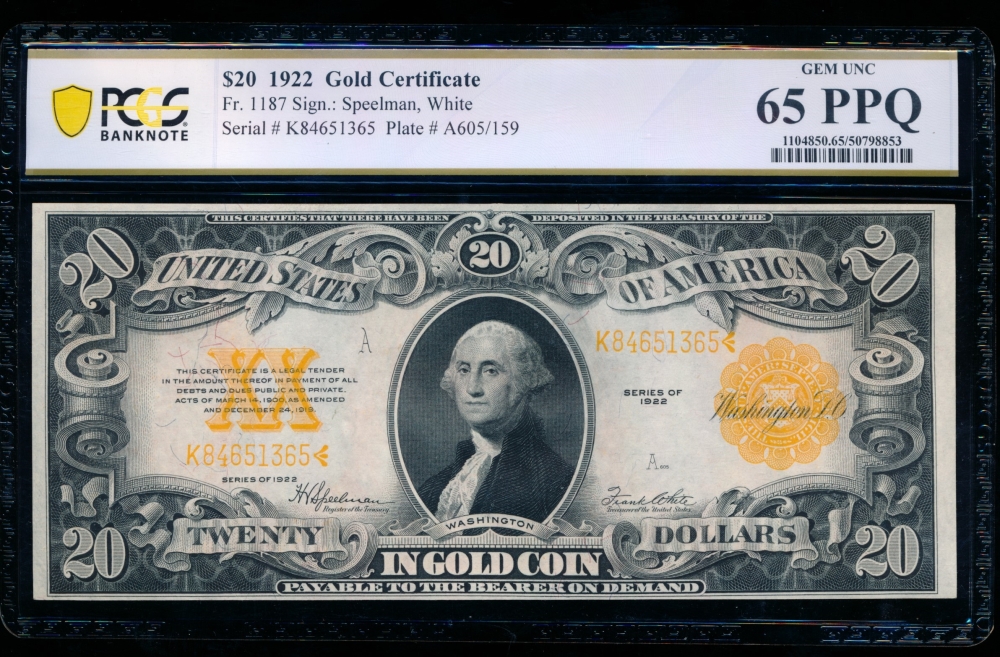 Fr. 1187 1922 $20  Gold Certificate  PCGS 65PPQ K84651365