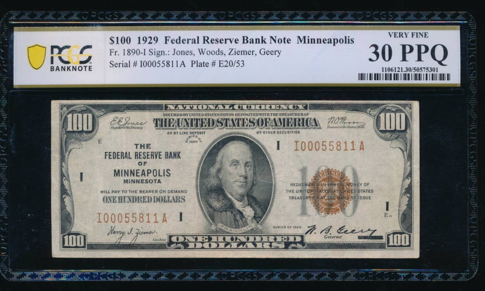 Fr. 1890-I 1929 $100  FRBN Minneapolis PCGS 30PPQ I00055811A