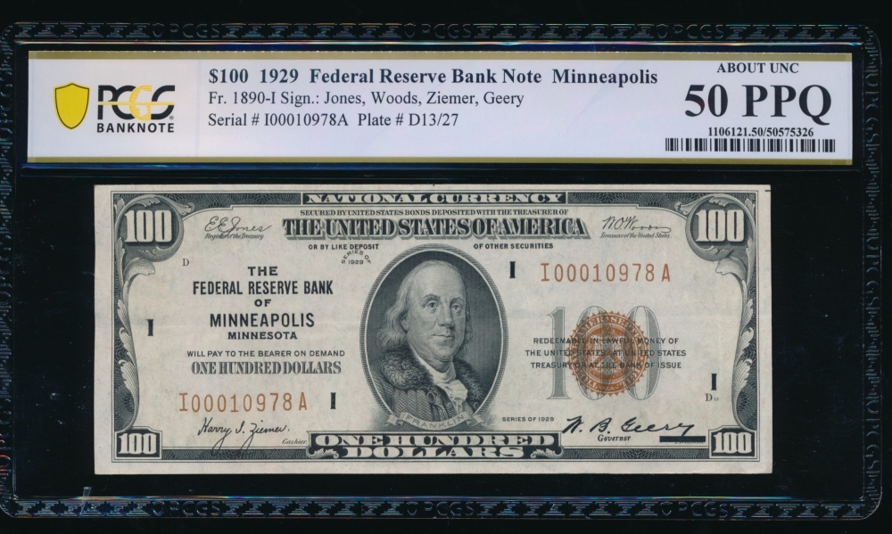 Fr. 1890-I 1929 $100  FRBN Minneapolis PCGS 50PPQ I00010978A