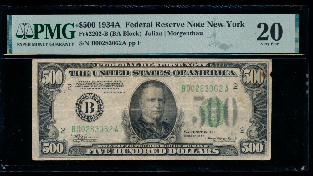 Fr. 2202-B 1934A $500  Federal Reserve Note New York PMG 20 B00283062A