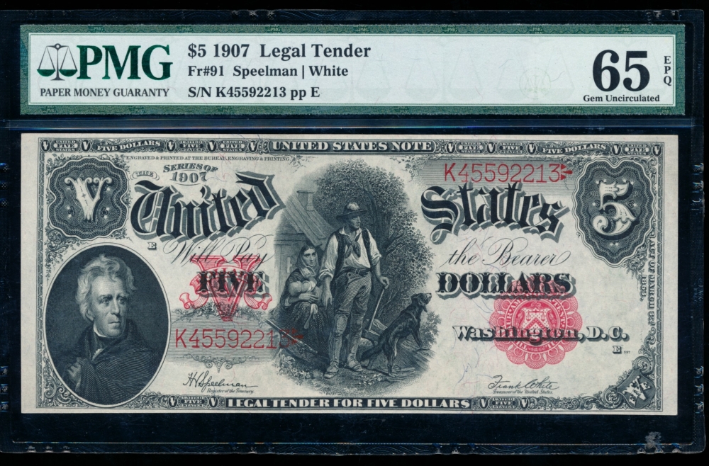 Fr. 91 1907 $5  Legal Tender  PMG 65EPQ K45592213