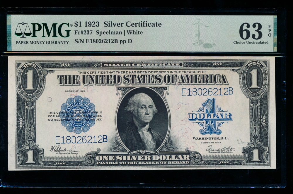 Fr. 237 1923 $1  Silver Certificate EB block PMG 63EPQ E18026212B