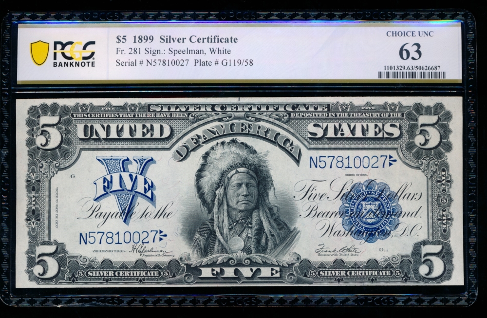 Fr. 281 1899 $5  Silver Certificate  PCGS 63 N47810027