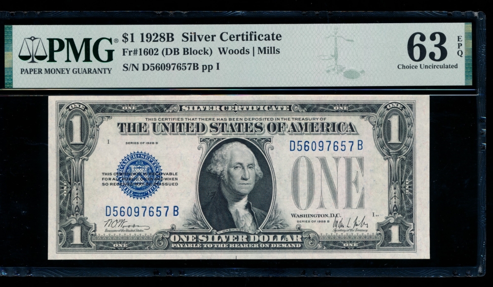 Fr. 1602 1928B $1  Silver Certificate DB block PMG 63EPQ D56097657B