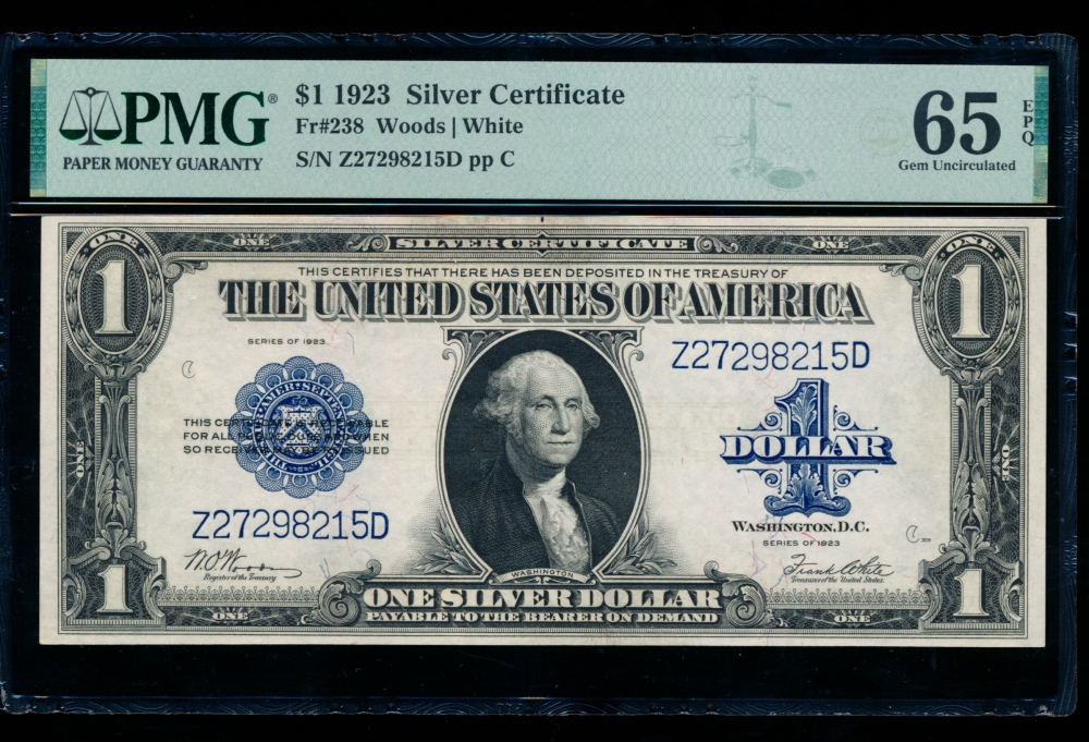 Fr. 238 1923 $1  Silver Certificate  PMG 65EPQ Z27298215D