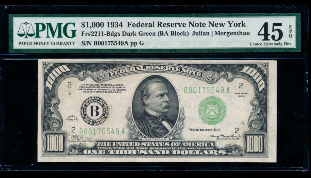 Fr. 2211-B 1934 $1,000  Federal Reserve Note New York PMG 45EPQ B00175549A