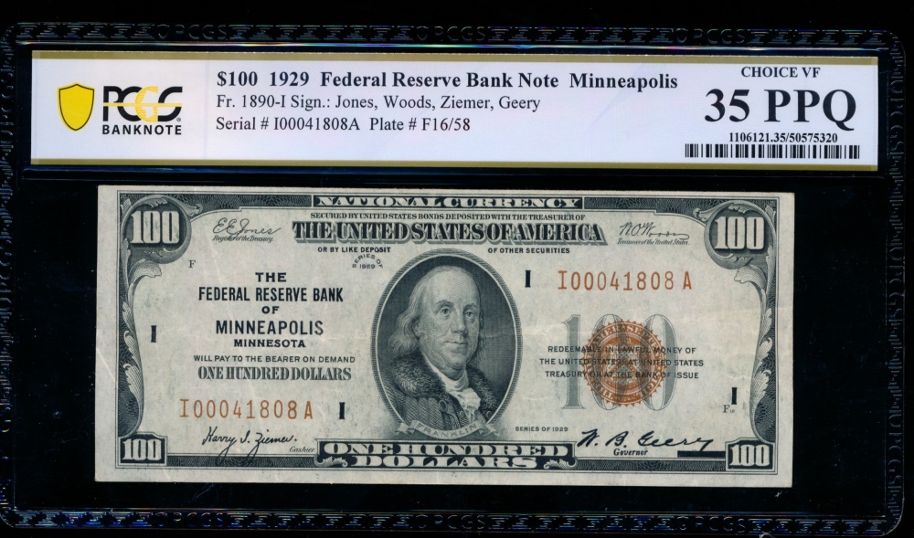 Fr. 1890-I 1929 $100  FRBN Minneapolis PCGS 35PPQ I000041808A