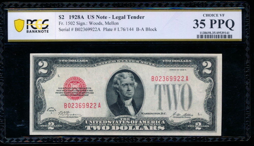 Fr. 1502 1928A $2  Legal Tender BA block PCGS 35PPQ B02369922A