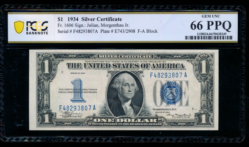 Fr. 1606 1934 $1  Silver Certificate FA block PCGS 66PPQ F48293807A