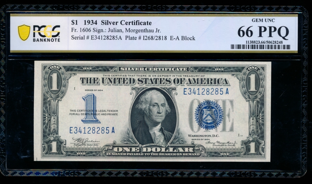 Fr. 1606 1934 $1  Silver Certificate EA block PCGS 66PPQ E34128285A