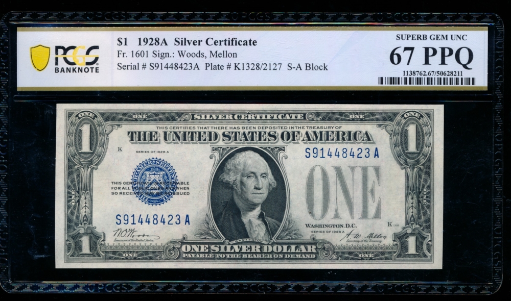 Fr. 1601 1928A $1  Silver Certificate SA block PCGS 67PPQ S91448423A