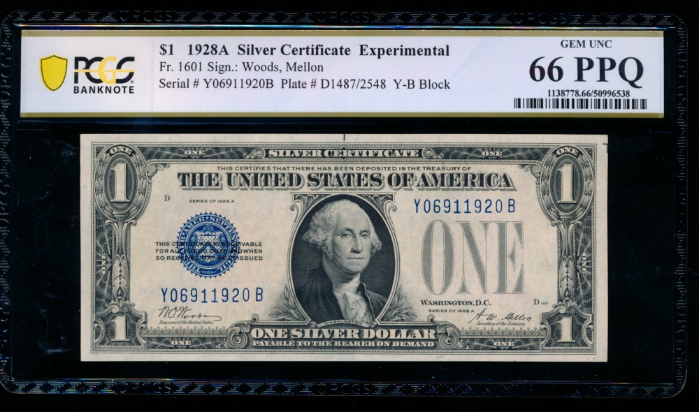 Fr. 1601 1928A $1  Silver Certificate YB block experimental PCGS 66PPQ Y06911920B