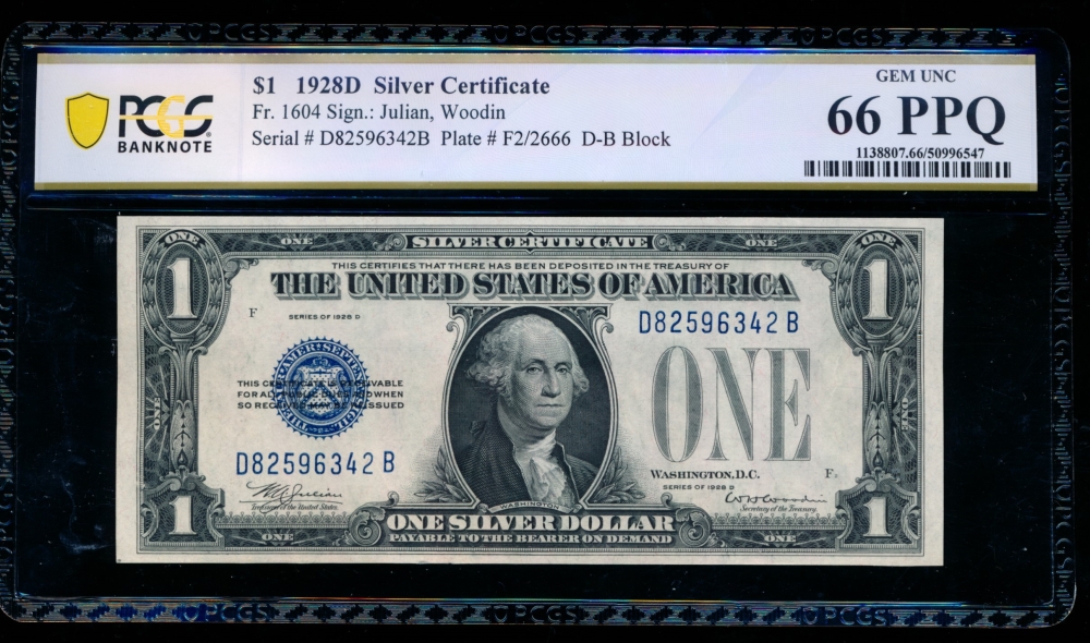 Fr. 1604 1928D $1  Silver Certificate DB block PCGS 66PPQ D82596342B