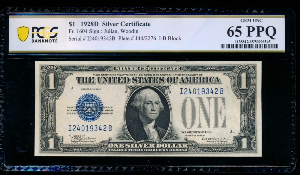 Fr. 1604 1928D $1  Silver Certificate IB block PCGS 65PPQ I24019342B